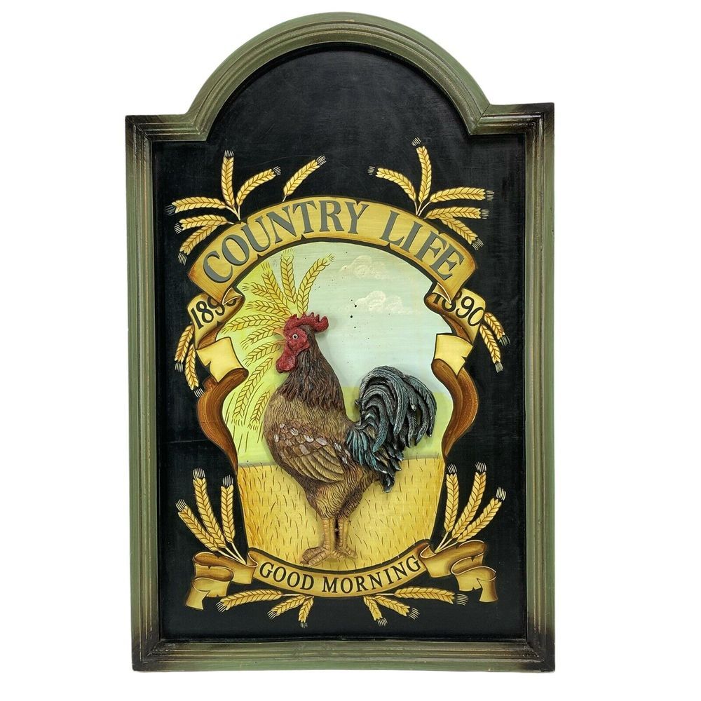 Vtg Large Wood Rooster Chicken Picture Plaque w Raised Resin Rooster 26.5x17"